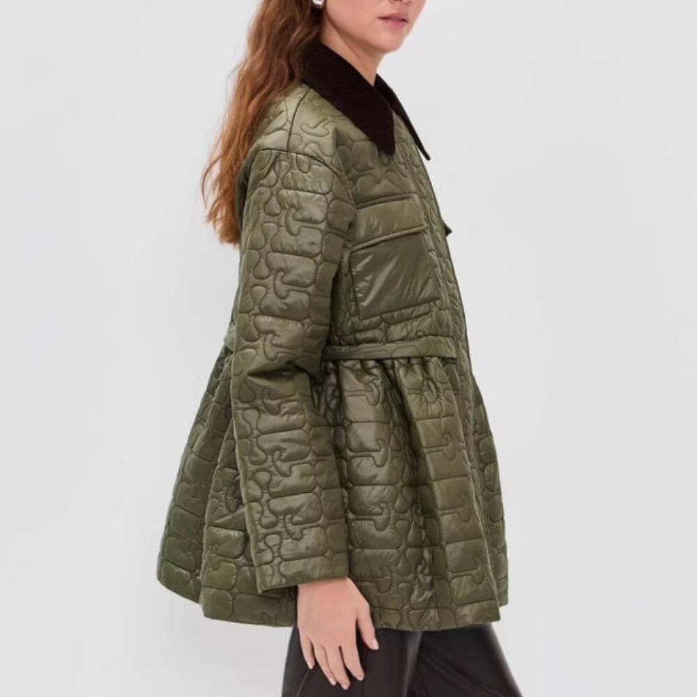 Ganni NWOT Quilt Midi Jacket Dark Green - Picture 3 of 14